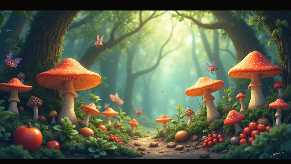 Whimsical digital illustration of natural supplements in a magical forest setting Natural Supplements