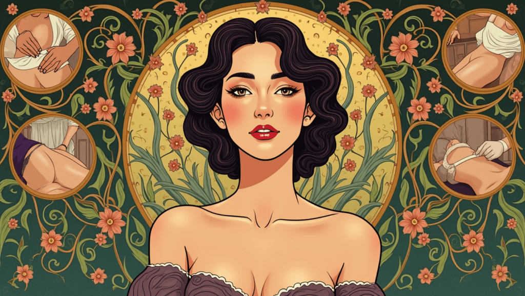 Illustration in the style of Art Nouveau master Alphonse Mucha, showcasing various professional skin treatments. Professional Treatments foe stagging skin