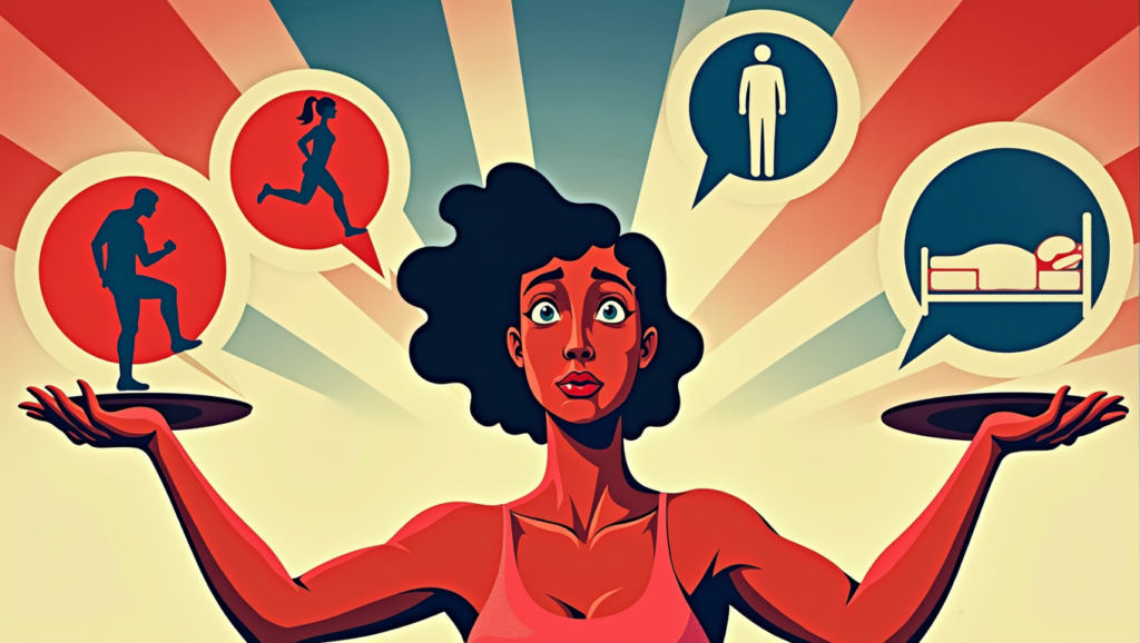 Illustration in the bold, graphic style of Shepard Fairey, showcasing a person balancing various elements of a healthy lifestyle. Lifestyle Adjustments for stagging skin