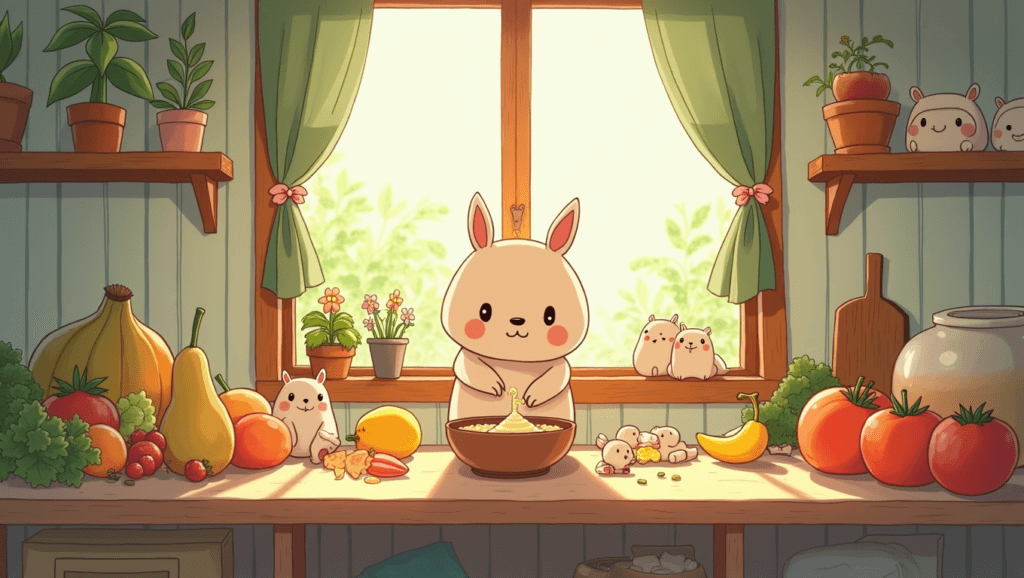 Whimsical digital illustration in the style of Studio Ghibli, depicting a cozy kitchen scene with natural skincare ingredients Natural Remedies and DIYs for dull skin