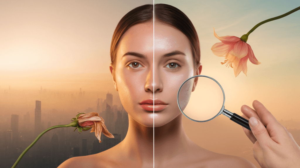 A close-up of a woman's face, half dull and half radiant, split down the middle. How to Revive Your Dullness Skin Naturally