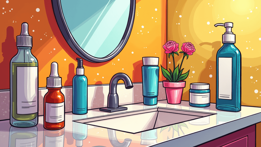Digital illustration of a bathroom counter with various acne treatments Cystic Acne Alternative Treatments