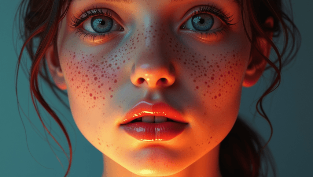 Digital illustration of a close-up view of a person's face, half smooth and half textured skin