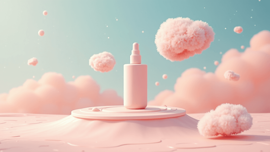Whimsical digital illustration inspired by Rene Magritte, showing various skincare products as surreal, oversized objects floating above a landscape of smooth Skin Smooth Operators