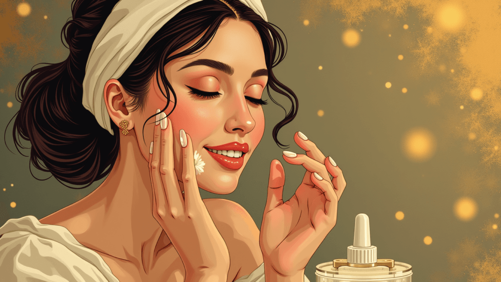 Illustration in the style of a vintage art nouveau poster inspired by Alphonse Mucha Daily Skin Care Routine