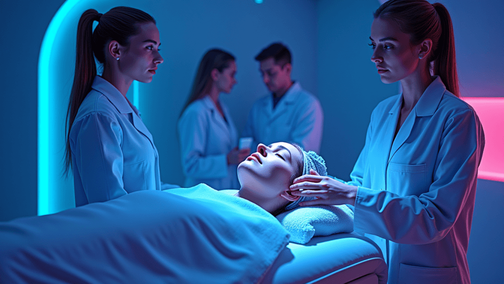 Futuristic digital illustration inspired by cyberpunk aesthetics and the work of Syd Mead, showing high-tech skincare treatments in a sleek Professional Treatments for Uneven skin tone