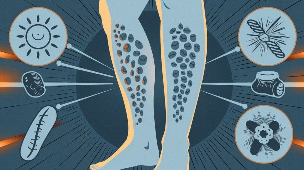 Illustration depicting various causes of dark spots on legs causes of dark spots