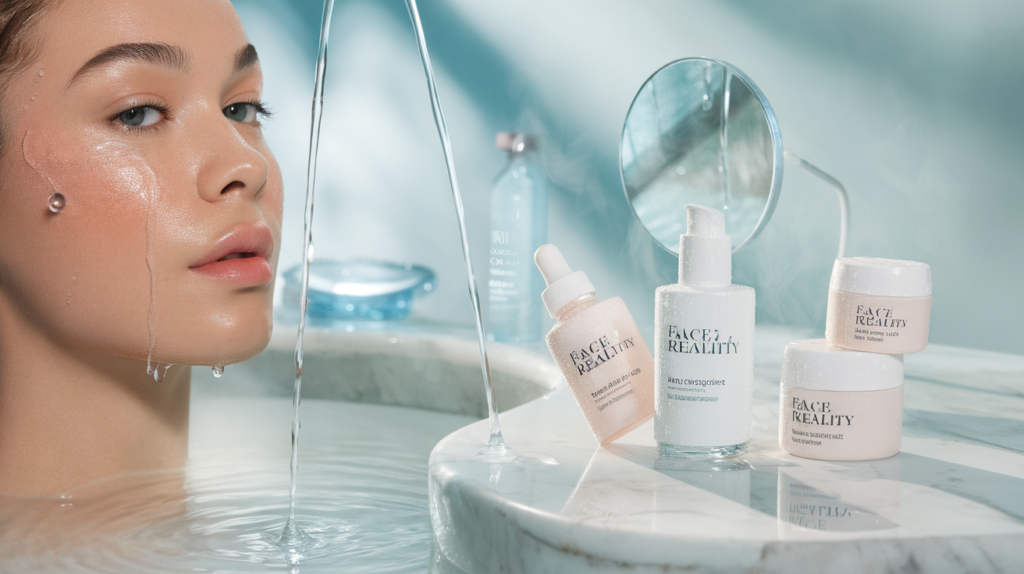 Face Reality Skincare products are artfully arranged on a marble countertop Face Reality Skincare products are artfully arranged on a marble countertop