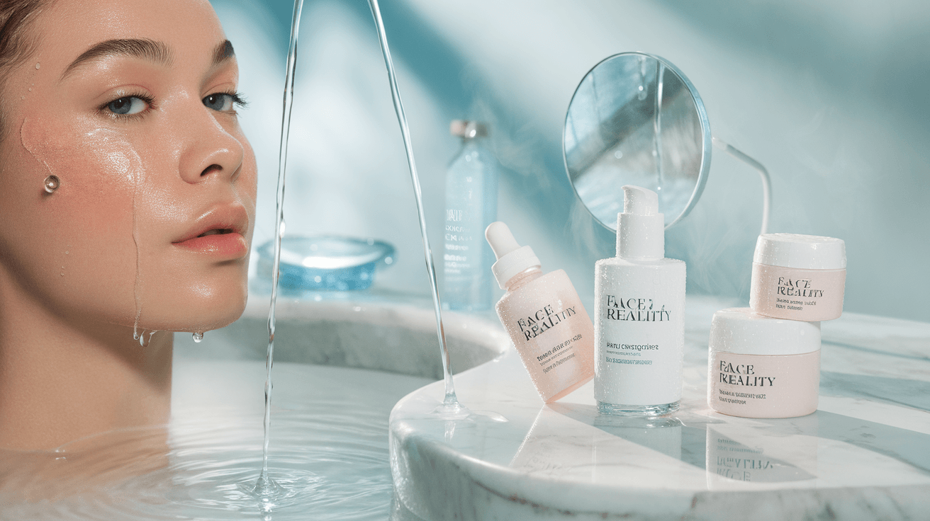 Face Reality Skincare products are artfully arranged on a marble countertop, with one bottle in focus