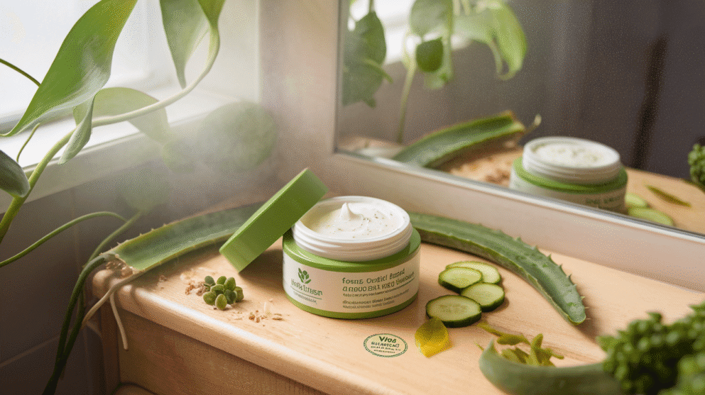 A vibrant green and cream-colored face cream jar, half-full, positioned on a wooden vanity. A vibrant green and cream-colored face cream jar, half-full, positioned on a wooden vanity.