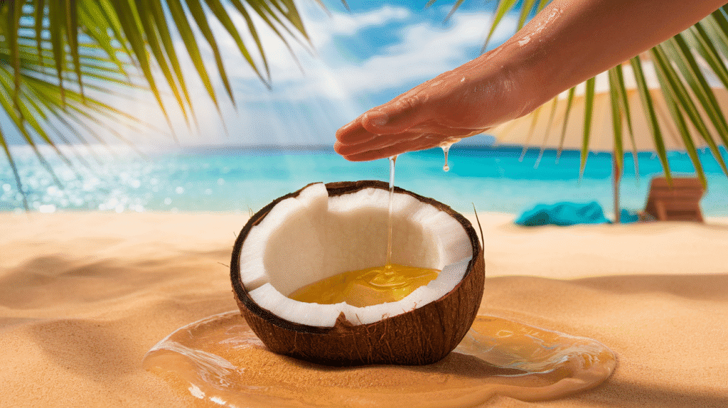 Droplets of coconut oil cascade onto the sunburned skin, creating a shimmering effect. Droplets of coconut oil cascade onto the sunburned skin, creating a shimmering effect.