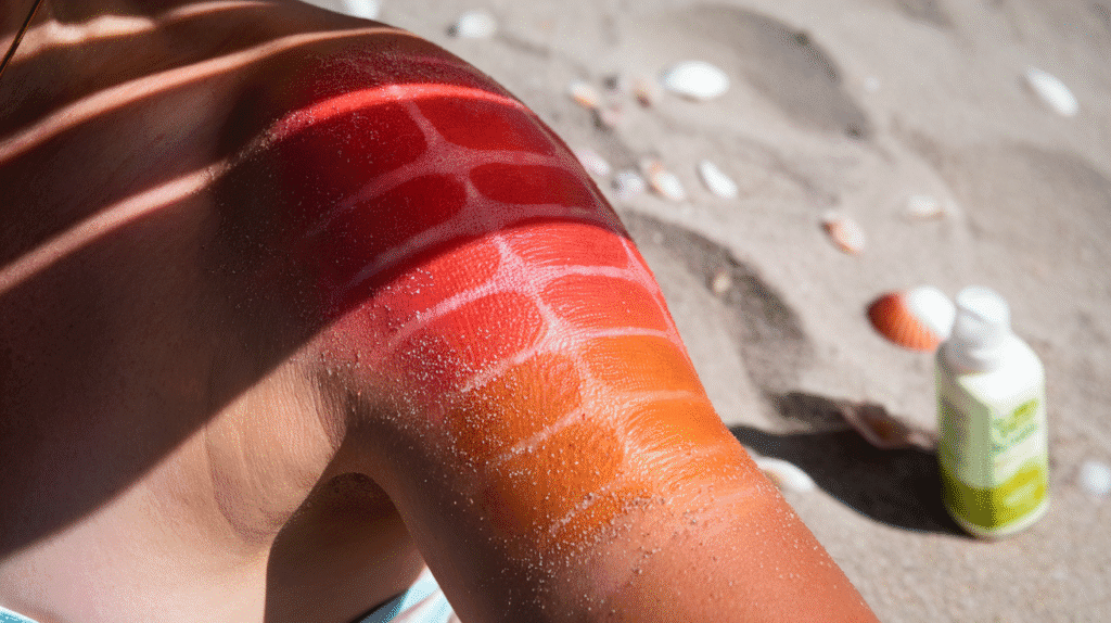 showcasing a gradient from bright red sunburn to golden-brown tan. showcasing a gradient from bright red sunburn to golden-brown tan.