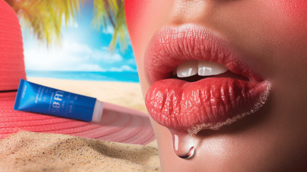 A close-up view of lips with visible sunburn and small blisters A close-up view of lips with visible sunburn and small blisters