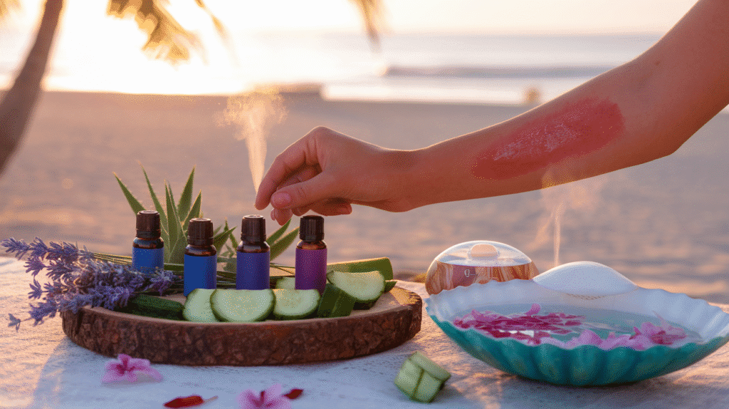 In the foreground, a hand gently applies essential oils to sunburned skin on an arm. In the foreground, a hand gently applies essential oils to sunburned skin on an arm.