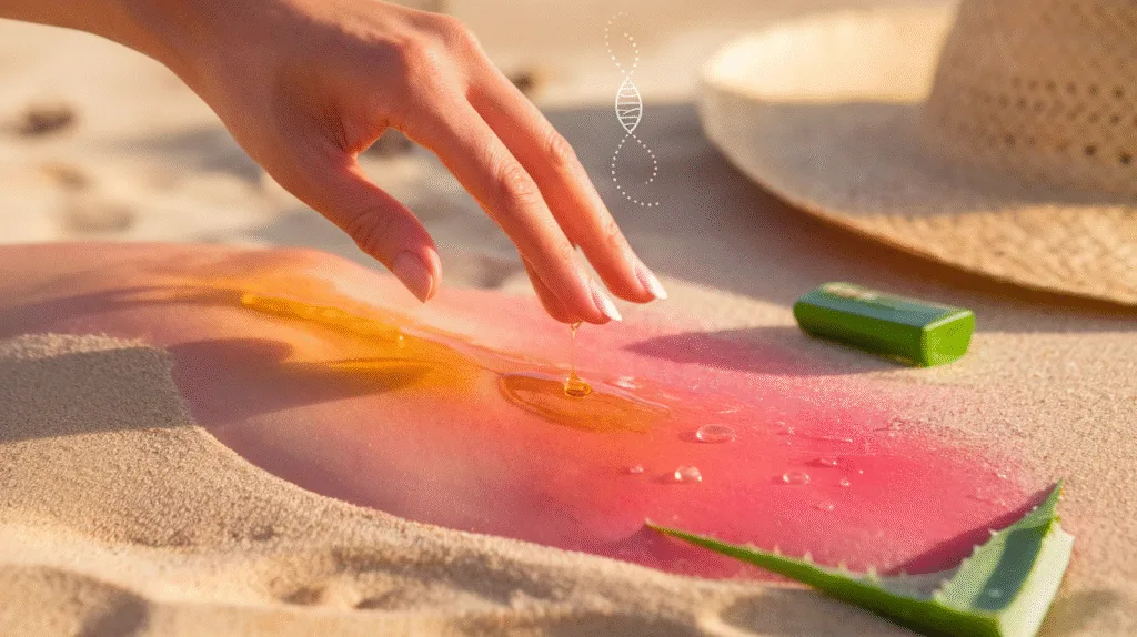 A close-up of a hand applying golden-hued castor oil to sunburned skin A close-up of a hand applying golden-hued castor oil to sunburned skin