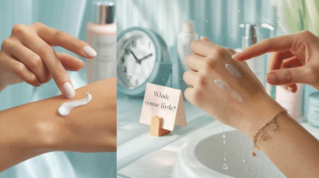 a hand applies a creamy white moisturizer to glowing skin. On the right, the same hand applies a shimmering sunscreen. a hand applies a creamy white moisturizer to glowing skin. On the right, the same hand applies a shimmering sunscreen.