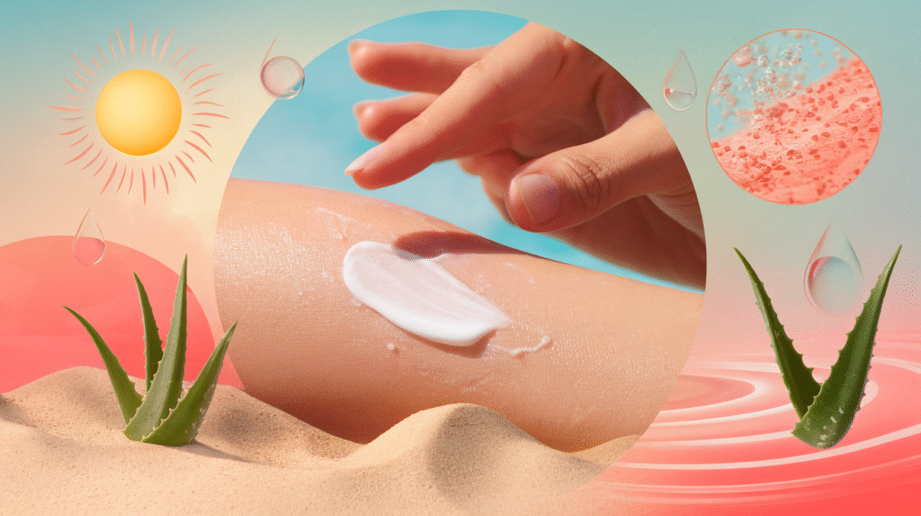 The focus is on the product, which is in a dual-purpose bottle labeled both "Sunscreen" and "Moisturizer." The focus is on the product, which is in a dual-purpose bottle labeled both "Sunscreen" and "Moisturizer."