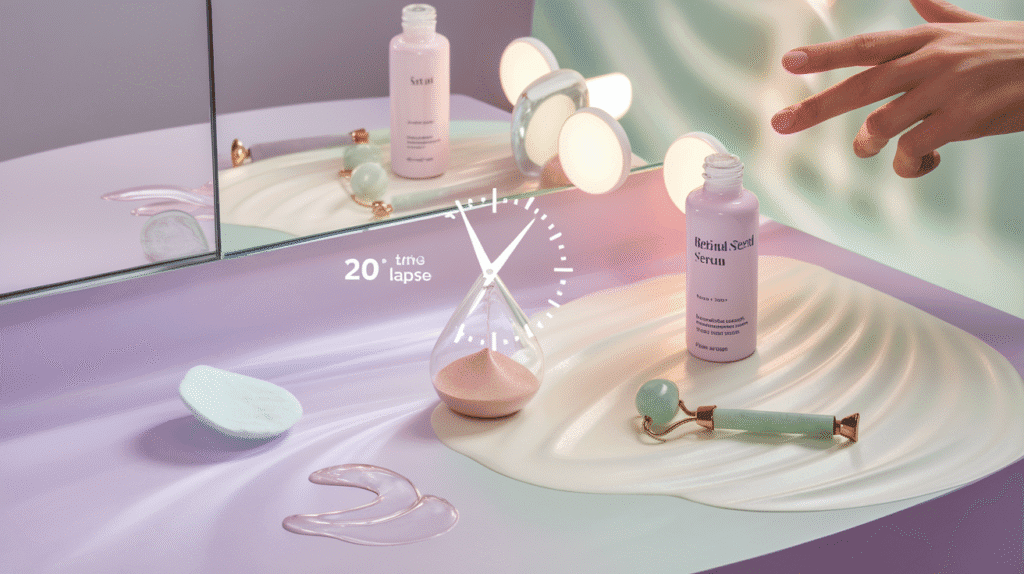 A hand applying moisturizer to glowing skin, with a clock face overlay showing a 20-minute time lapse. A hand applying moisturizer to glowing skin, with a clock face overlay showing a 20-minute time lapse.