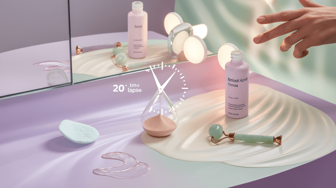 A hand applying moisturizer to glowing skin, with a clock face overlay showing a 20-minute time lapse.