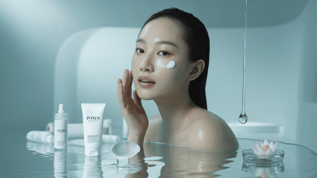 A close-up of a fresh-faced woman with dewy, slightly oily skin, gently applying a dollop of white Pond's moisturizer to her cheek. A close-up of a fresh-faced woman with dewy, slightly oily skin, gently applying a dollop of white Pond's moisturizer to her cheek.