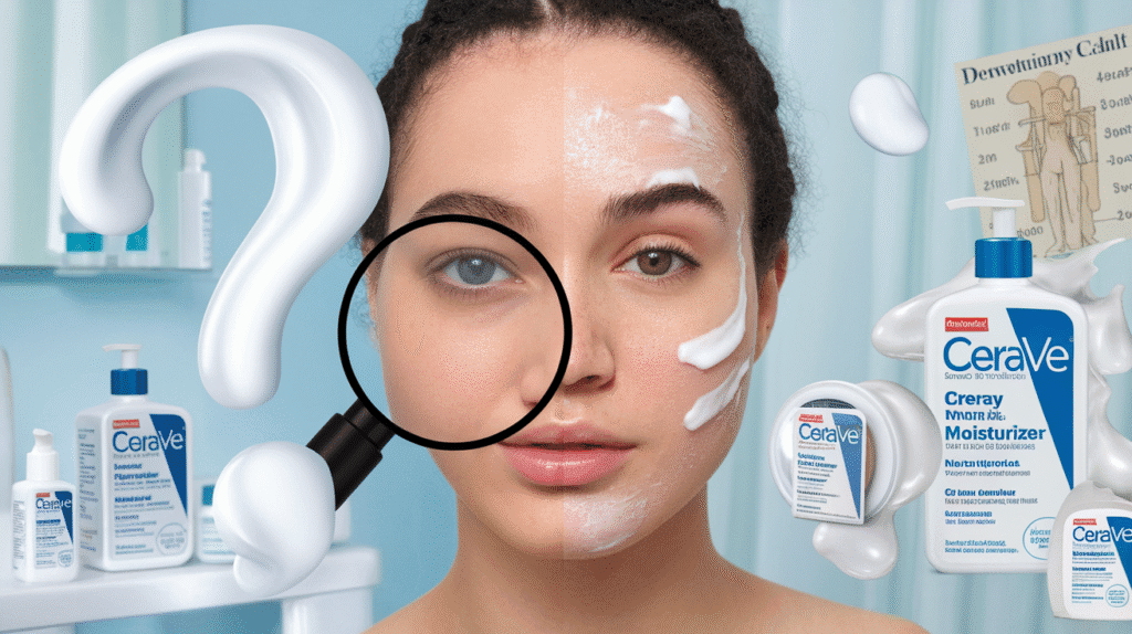 A close-up of a young woman's face, half covered in a creamy white CeraVe moisturizer A close-up of a young woman's face, half covered in a creamy white CeraVe moisturizer