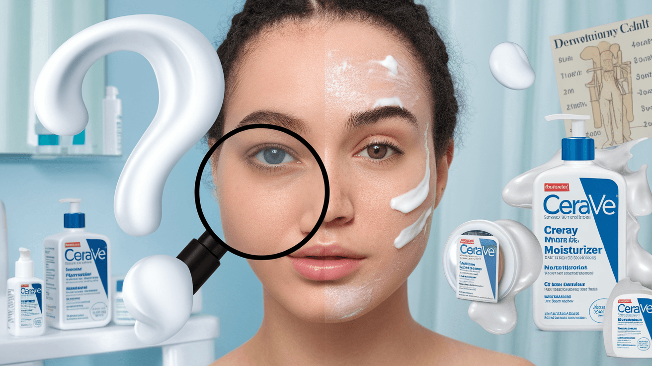 A close-up of a young woman's face, half covered in a creamy white CeraVe moisturizer