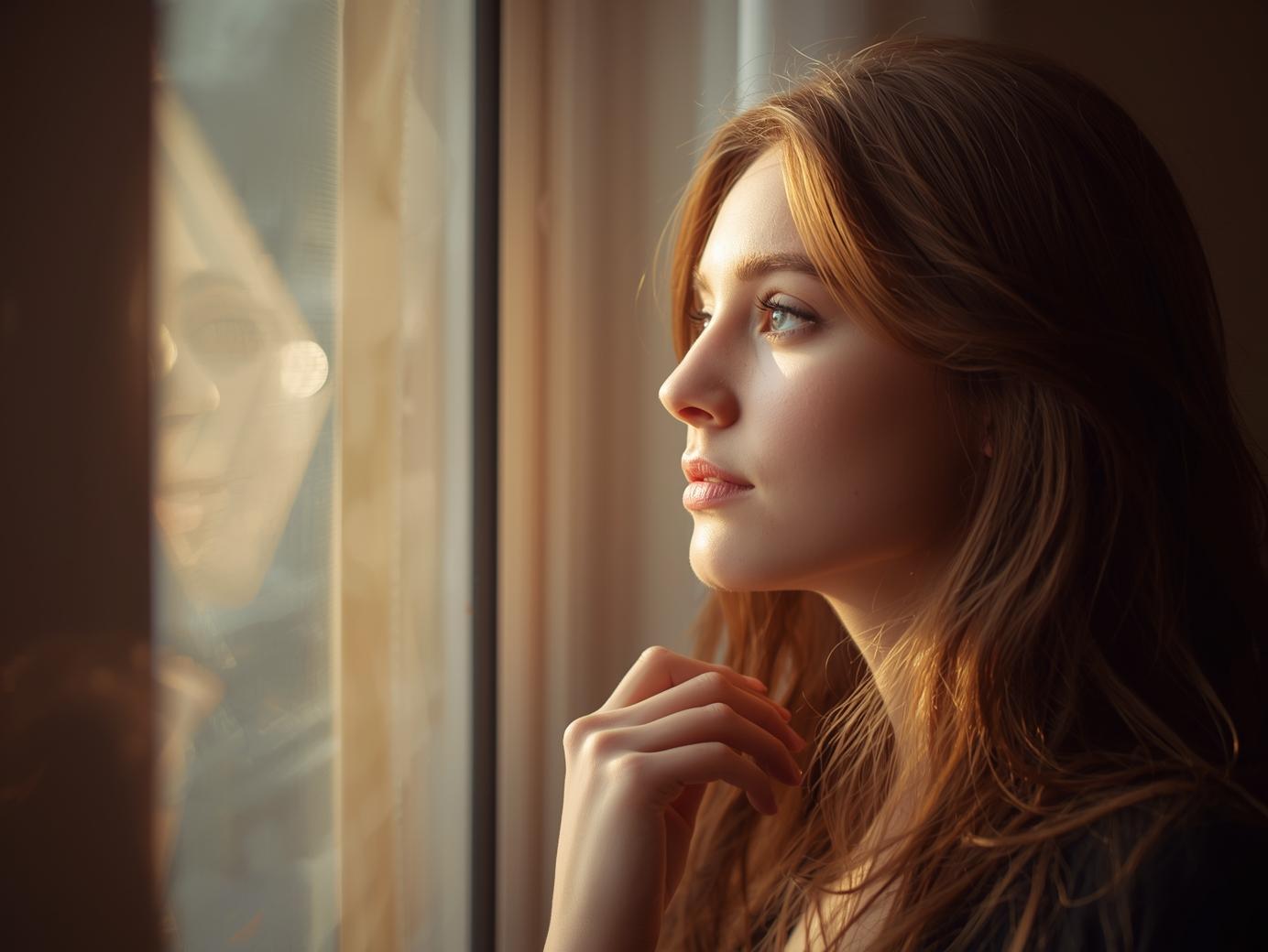 woman looking out a window with warm natural light